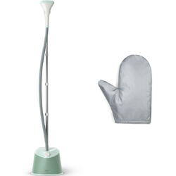 Aparat de calcat vertical cu picior Philips STE1010/70, picior ajustabil pe inaltime, putere 1600W (240V), 2 setari pentru abur, debit abur 35g/min, manusa, capacitate rezervor 1.8L, verde