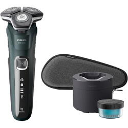 Aparat de barbierit PHILIPS Shaver Seria 5000 S5884/50, barbierit umed/uscat, tehnologie SkinIQ, fara fir, capete flexibile 360°, display LED, senzor Power Adapt, lame auto-ascutire, lama tuns integrata, 60 min, toc de transport, Verde inchis