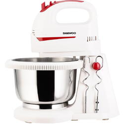 Mixer cu bol Daewoo DHM100W, 300 W, bol inox rotativ, capacitate bol 2 l, functie Turbo, 5 viteze, accesoriu framantare, palete amestecare, Alb