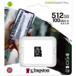 Card de memorie Kingston 512GB microSDXC Canvas Select Plus 100R A1 C10 Single Pack w/o ADP