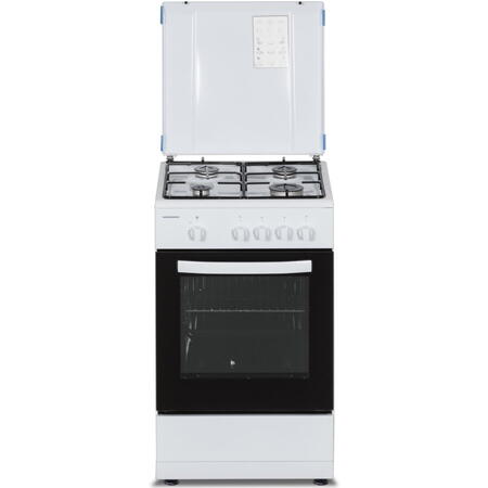 Aragaz Heinner HFSC-SME50WH, 4 arzatoare, Gaz, 50cm, Dispozitiv de siguranta plita si cuptor, 50 cm, Alb