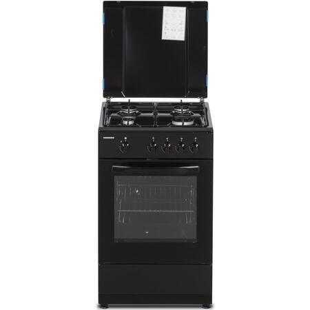 Aragaz Heinner HFSC-SME50BK, 4 arzatoare, Gaz, 50cm, Dispozitiv de siguranta plita si cuptor, Negru