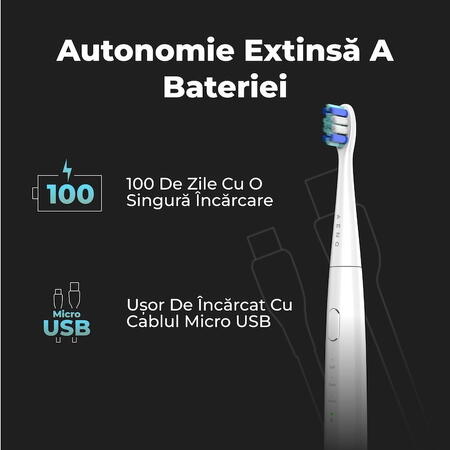 Periuta de dinti sonica electrica Aeno ADB0008, 30000 rpm, 3 moduri de curatare, IPX7, 3 capete de perie + instrument metalic de curatare + oglinda incluse, alb