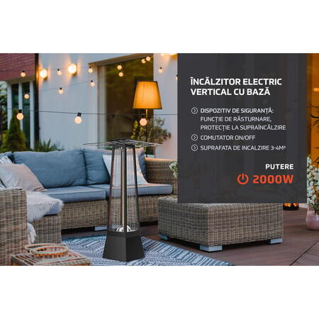 Incalzitor electric vertical cu baza Heinner, putere maxim 2000 W, doua trepte de putere 1000/2000W, lampa fibra de carbon