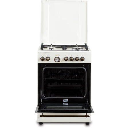 Aragaz Rustic Samus SR660EL1CW, 3 arzatoare pe gaz + 1 electric, Aprindere electrica, Cuptor electric(56 litri) cu 6 functii