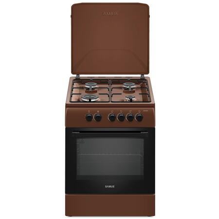 Aragaz SM664MBS, 4 arzatoare, cuptor pe gaz, 60 cm, timer, capac metalic, Maro