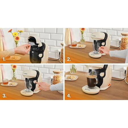 Espressor Bosch Tassimo Style TAS117E, 1400W, 3.3 bar, 0.7l, Autocuratare si decalcifiere, capsule, Crem