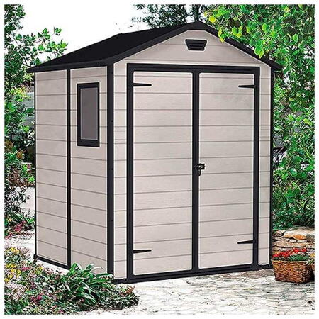 Casuta de gradina, Keter, Bej, 6x5, colectie Manor, usa dubla, podea, ferestre, ventilatie, ranforsare metalica