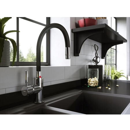 Baterie bucatarie Ferro Zumba, crom/negru, pipa flexibila