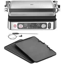 Gratar electric multifunctional Braun MultiGrill 9Pro CG9160, 2200 W, 3 moduri de gatire, temperatura maxima 265˚C, 3 programe, functie Sear, termometru pentru gatit, 1 set placi, argintiu/negru