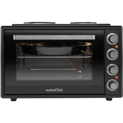 Cuptor electric NobeLTek, 60L, 2000W, plite electrice 1500w + 1000w, grill, timer, termostat, sticla dubla, ventilator, iluminare, Negru