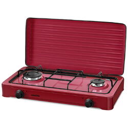 Plita NobeLTek exterior, gaz, 2 arzatoare, gratar emailat, fara sigurata, diuze GPL, capac, rosu