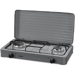 Plita NobeLTek NLT PE2GS exterior, gaz, 2 arzatoare, gratar emailat, fara sigurata, diuze GPL, capac, silver