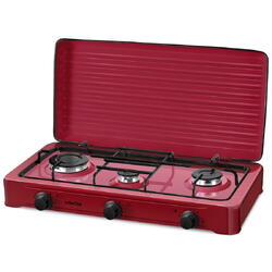 Plita NobeLTek NLT PE3GR exterior, gaz, 3 arzatoare, gratar emailat, fara sigurata, diuze GPL, capac, rosu