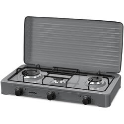 Plita NobeLTek NLT PE3GS exterior, gaz, 3 arzatoare, gratar emailat, fara sigurata, diuze GPL, capac, silver