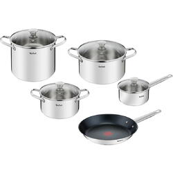 Set 9 piese Tefal Cook Eat, inductie, cratita de 16 cm, oala de 20/22/24 cm, tigaie de 28 cm, 4 capace de sticla, invelis antiaderent Titanium, indicator Thermo-Signal, manere nituite, inox, argintiu