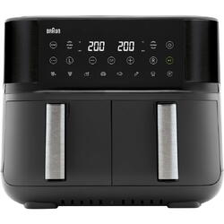Friteuza cu aer cald, fara ulei, Braun TwinCook 3 TD3030IBK, 2850W, 8 L (4L + 4L), tehnologie RealAir, 8 programe automate, temperatura ajustabila, timer, ecran digital, oprire automata, negru