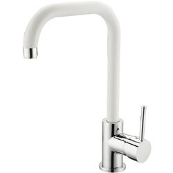 Baterie bucatarie Idrobric Florida, pipa inalta, alama, crom lucios/alb mat, cartus ceramic ø 35 mm, racord flexibil inox F3/8, 35 cm, kit de montaj rapid