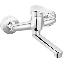 Baterie lavoar pentru perete Ferro Isso, monocomanda, cu pipa mobila, cartus ceramic, aerator, racord excentric, Crom