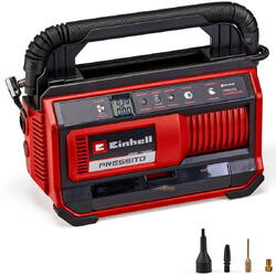 Compresor pe acumulator Einhell Power X-Change PRESSITO 18/25, 18 V, 11 bar presiune maxima, set de adaptoare din 3 piese, furtun de inalta presiune de 71 cm si furtun de joasa presiune de 1.6 m, fara acumulator/incarcator