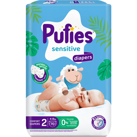 Scutece Pufies Sensitive, marimea 2 Mini, 70 bucati, 4-8 kg, pachet Maxi