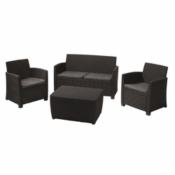 Set mobilier de gradina, polipropilena, Keter Corona, pentru terasa, masuta dreptunghiulara, 1 canapea 2 locuri, 2 fotolii, culoare graphite, rezistent la UV si intemperii