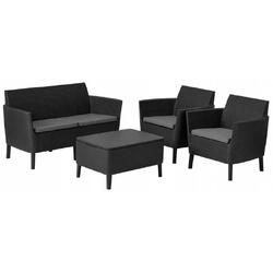 Set mobilier pentru gradina, polipropilena, Keter Salemo, pentru terasa, masa cu spatiu depozitare, canapea, 2 fotolii, aspect ratan, culoare graphite, rezistent la UV si intemperii