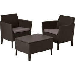 Set mobilier de terasa, maro, imitatie ratan, Keter Salemo, pentru exterior, cu masuta, 2 fotolii, perne impermeabile, material polipropilena, rezistent UV