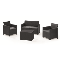 Set mobilier terasa, material polipropilena, Keter Elodie, pentru gradina, masuta cu spatiu depozitare, 1 canapea, 2 fotolii, 4 locuri, culoare grafit