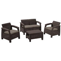 Set mobilier de gradina maro, polipropilena Keter Corfu, pentru terasa, cu masuta, doua fotolii, canapea doua locuri, rezistent UV si intemperii