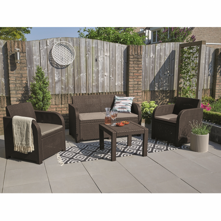 Set mobilier de gradina, polipropilena, Keter Georgia, imitatie ratan, maro, pentru foisor sau terasa, cu masuta patrata, 4 locuri, 2 fotolii, 1 canapea