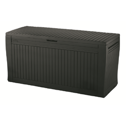 Cutie de depozitare pentru exterior, pentru accesorii gradina si terasa, cu capac, material polipropilena, culoare graphite, Keter Comfy, 270 L, manere, rezistenta UV