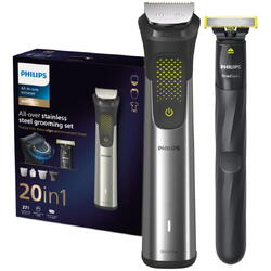 Set OneBlade & Aparat de tuns barba si parul 20 in 1 PHILIPS Multigroom All in One MG9553/15, tehnologie BeardSense si OneBlade, lame din otel cu auto-ascutire, 27 setari de lungime, rezistent la apa, husa, Argintiu