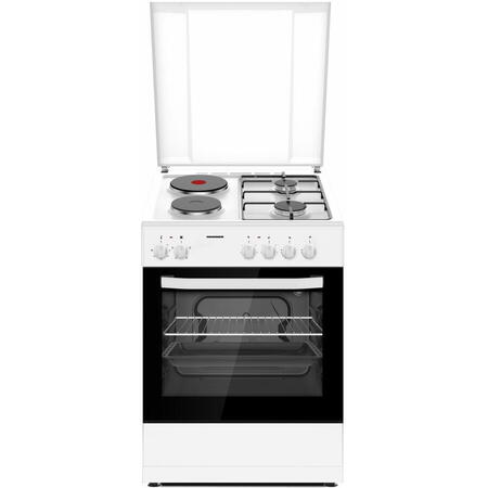 Aragaz mixt Heinner HFSC-S60E2HSWH, 2 arzatoare gaz + 2 plite electrice, aprindere electrica arzatoare, cuptor electric, clasa A, grill, 60x60 cm, alb