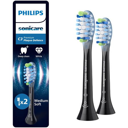 Rezerve Philips Sonicare Plaque Defence HX9042/88, pachet de 2 capete de periere, Standard, click-on, sincronizarea modurilor BrushSync, Negru