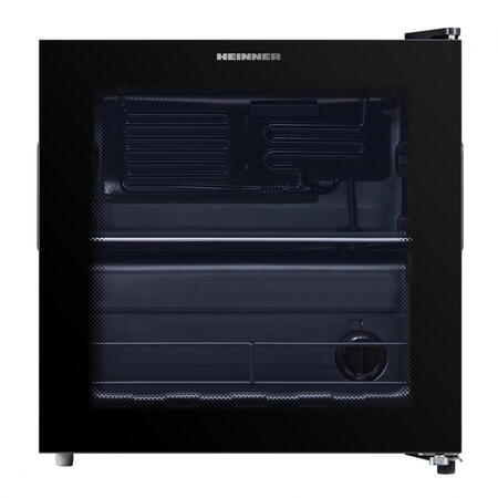 Racitor de bauturi Heinner HBC-M44BKE, clasa E, capacitate totala: 44L, capacitate incarcare: 48 doze (355 ml), 1 raft din sticla, usa reversibila, Negru
