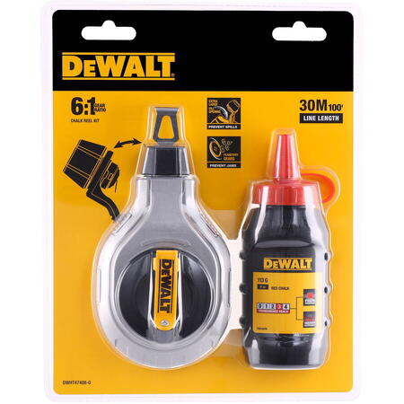 Set sfoara cu creta pentru trasare 30 m DeWALT DWHT47408-0, raport derulare 6:1, carcasa aluminiu turnat, maner anti-alunecare, capac mare pentru reumplere, sistem de angrenaj planetar, include sticla de creta rosie 113 g
