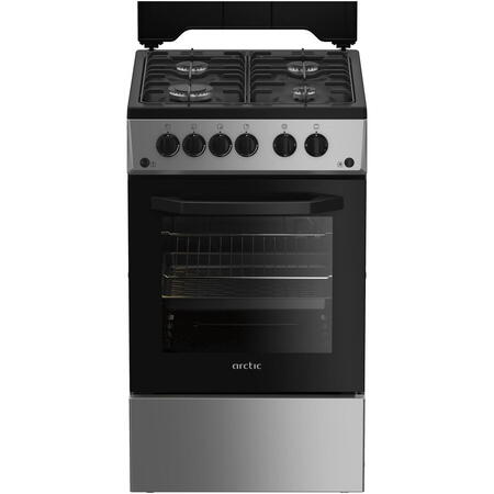 Aragaz Arctic AGG5611DTLBN, Gaz, 4 arzatoare, Aprindere electrica plita/cuptor, Safety Plus, Grill, Timer, Arzatoare cu eficienta ridicata, 50 cm, Silver