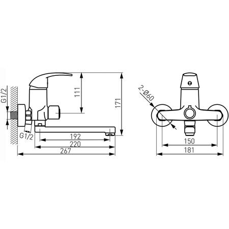 Baterie cada/dus pentru perete Ferro Vasto, cu pipa mobila L=195 mm, monocomanda, cartus ceramic, aerator, Crom