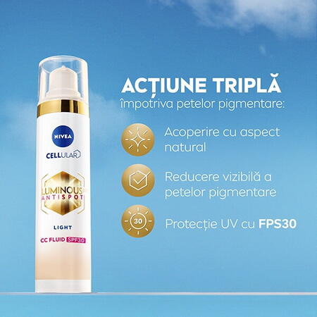 Crema-fluid NIVEA Luminous CC 3-in-1 cu SPF30, nuanța Light, 30ml
