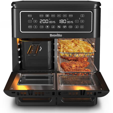 Friteuza dubla cu aer cald, Breville, Halo Flexi, Digital, 11L, 2400W, 240 grade, 12 moduri de gatire, functie de oprire automata, negru