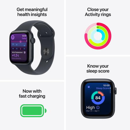 Apple Watch SE (2025), GPS, Carcasa Midnight Aluminium 44mm, Midnight Sport Band - M/L
