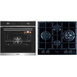 Cuptor electric incorporabil + plita pe gaz incorporabila, Samus B2, clasa A, 75 litri, 9 functii, 4 arzatoare, arzator Wok, putere 8.6 kW, aprindere electrica, negru + argintiu