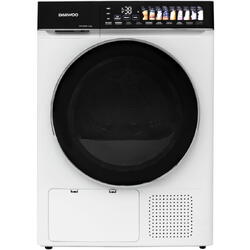 Daewoo Uscator rufe DDR-HS9E, 9 kg, pompa de caldura, clasa E, butoane touch, panou de control negru cu pictograme mari colorate, usa dubla neagra cu inel cromat, Alb