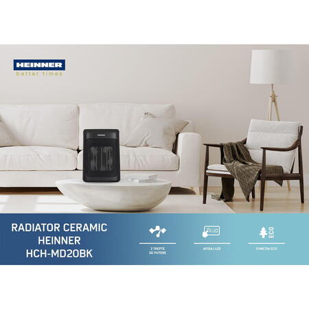 Radiator ceramic Heinner HCH-MD20BK, 2 trepte de putere: 1200W /2000W +ventilator, termostat digital cu afisaj LED, protectie supraincalzire