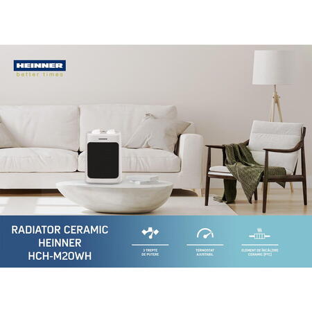 Radiator ceramic Heinner HCH-M20WH, 3 trepte de putere: 900W/1300W/2000W, termostat reglabil, protectie supraincalzire