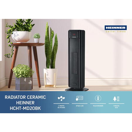 Radiator ceramic tip turn Heinner HCHT-MD20BK, 2 trepte de putere, temporizator, protectie supraincalzire