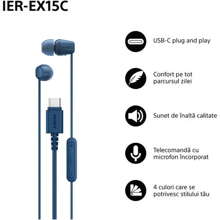 Casti In-Ear SONY IER-EX15CL, Cu Fir, Microfon, USB-C, Albastru