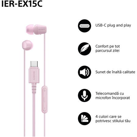 Casti In-Ear SONY IER-EX15CP, Cu Fir, Microfon, USB-C, Roz