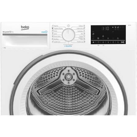 Uscator de rufe Beko B3T68230, Pompa de caldura, 8 kg, 15 programe, Clasa D, Alb, SteamCure, RecycledDry, EcoGentle, Aquawave